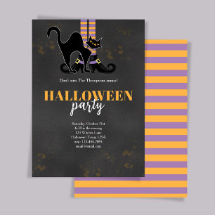 Black and Orange Black Cat Witch Halloween Party Kaart