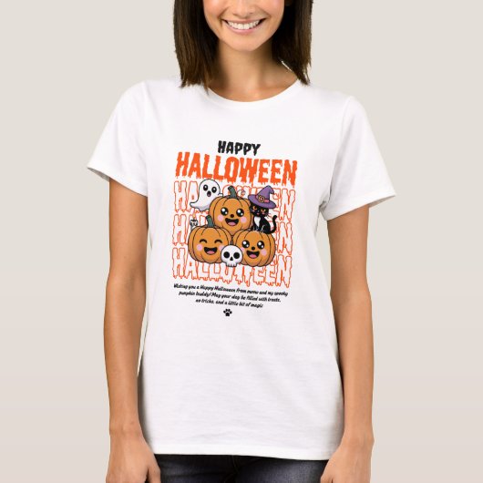 Black and Orange Grunge Halloween Cat & Pumpkin T-shirt (Voorkant)