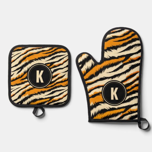 Black and Orange Tiger Stripes Monogram Ovenwant & Pannenlap Set (Voorkant)