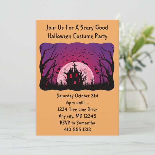 Black and Oranje Scary House Halloween Party Kaart (Staand voorkant)