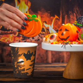 Black and Oranje Spooky Halloween Night Scene Papieren Bekers