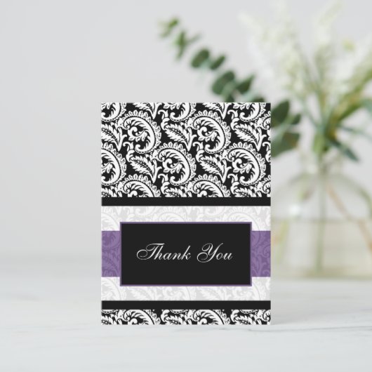 Black and Paars Damask Wedding Briefkaart (Staand voorkant)