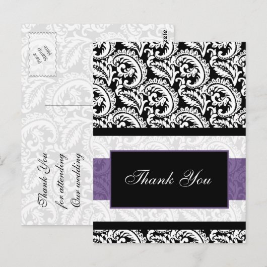Black and Paars Damask Wedding Briefkaart (Voorkant / Achterkant)