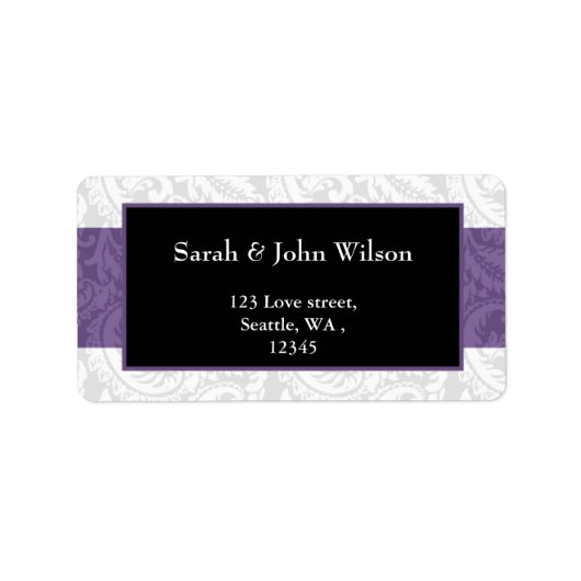 Black and Paars Damask Wedding Etiket (Voorkant)