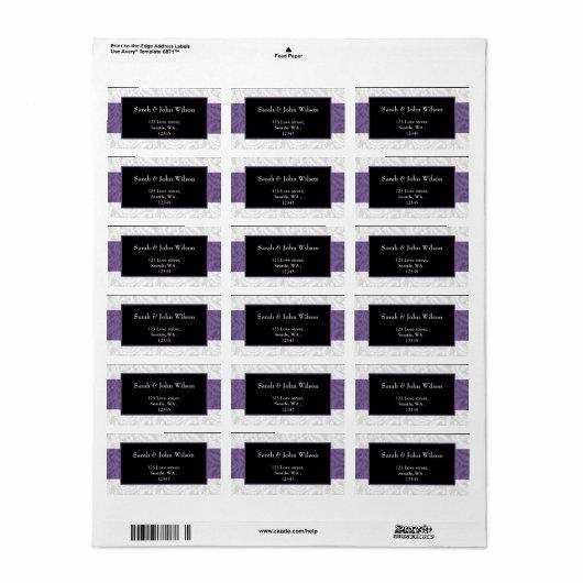 Black and Paars Damask Wedding Etiket (Full Sheet)