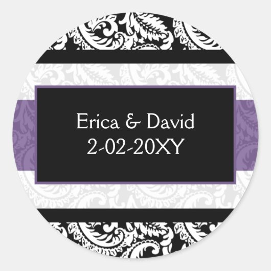 Black and Paars Damask Wedding Ronde Sticker (Voorkant)