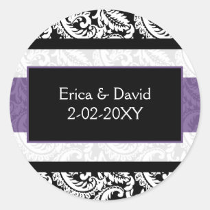 Black and Paars Damask Wedding Ronde Sticker