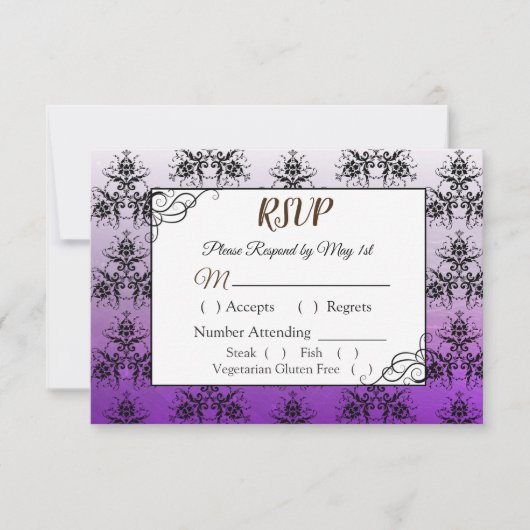 Black and Paars Damask Wedding RSVP-kaart RSVP Kaartje (Voorkant)