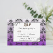 Black and Paars Damask Wedding RSVP-kaart RSVP Kaartje (Staand voorkant)