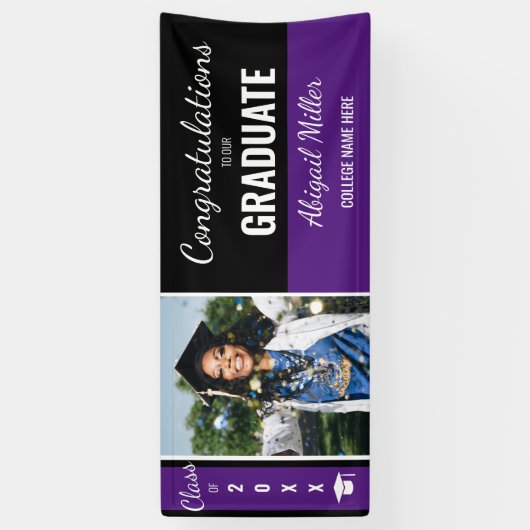 Black and Paars Gefeliciteerd Afstuderen Foto Spandoek (Verticaal)