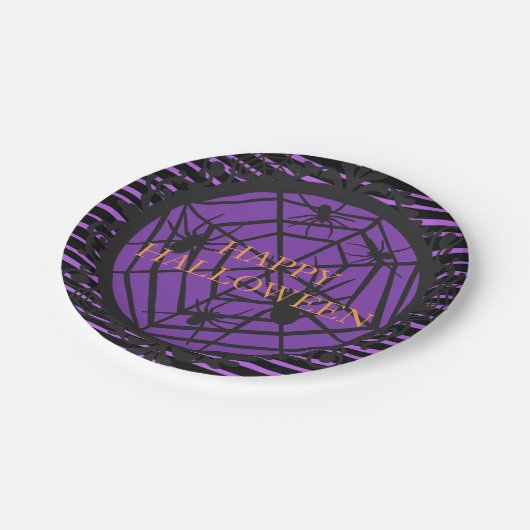 Black and Paars Happy Halloween Spooky Spiderweb Papieren Bordje (Gekanteld)