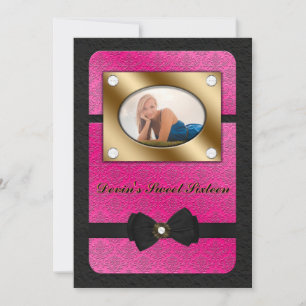 Black and Pink Bowed Sweet Sixteen Photo Invite Kaart