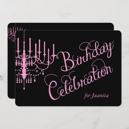 Black and Pink Chandelier Elegant Birthday Invite Kaart (Voorkant / Achterkant)