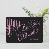 Black and Pink Chandelier Elegant Birthday Invite Kaart (Staand voorkant)