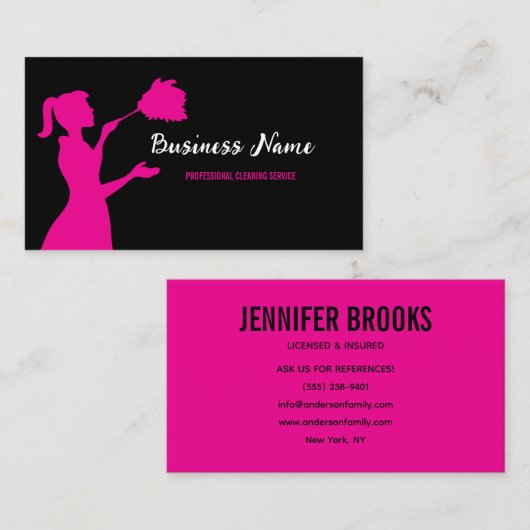 Black and Pink Cleaning Service Housekeeper Maid Visitekaartje (Voorkant / Achterkant)