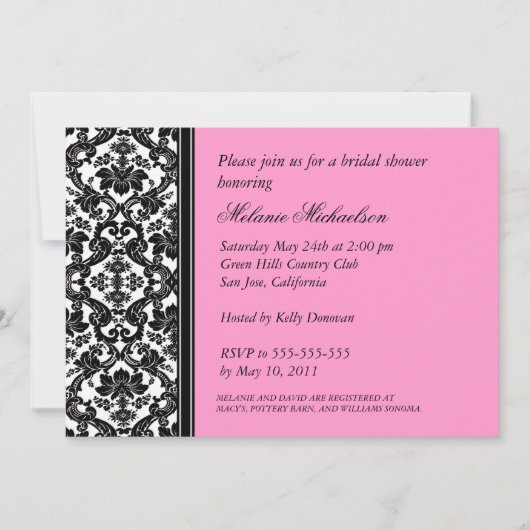 Black and Pink Damask Bridal Shower Invitation Kaart (Voorkant)