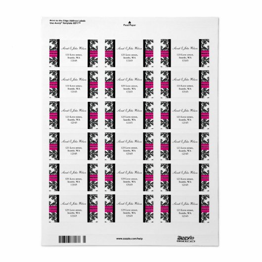 Black and Pink Damask Wedding Etiket (Full Sheet)