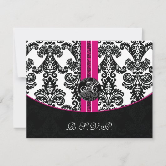 Black and Pink Damask Wedding RSVP Kaartje (Voorkant)