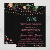 Black and Pink Floral Design 30th Birthday party Kaart (Voorkant / Achterkant)