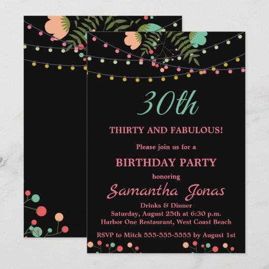 Black and Pink Floral Design 30th Birthday party Kaart (Voorkant / Achterkant)