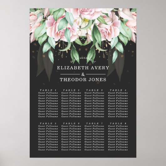 Black and Pink Floral Wedding Elegant Poster (Voorkant)