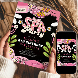Black and Pink Retro Daisy Spa Party Birthday Kaart
