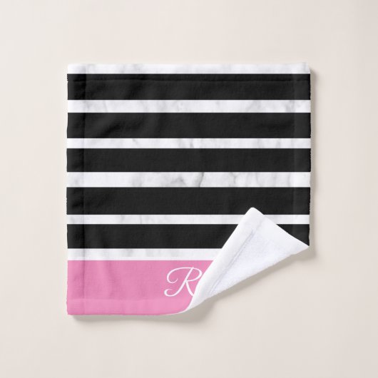 Black and Pink Stripes Marble Style Monogram Bad Handdoek (Wasdoekje)