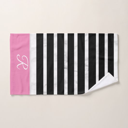 Black and Pink Stripes Marble Style Monogram Bad Handdoek (Handdoek)