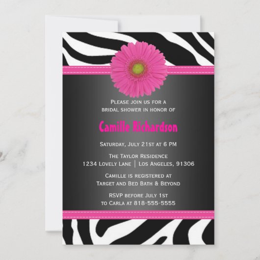 Black and Pink, Zebra Bridal Shower Invitation Kaart (Voorkant)