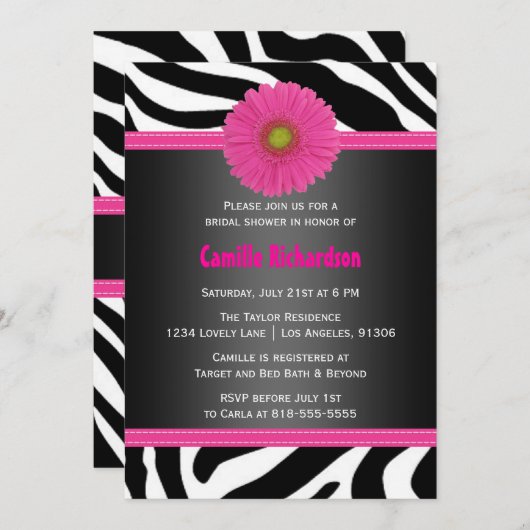 Black and Pink, Zebra Bridal Shower Invitation Kaart (Voorkant / Achterkant)