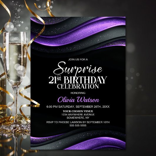 Black and Purple Surprise 21st Birthday Party Kaart