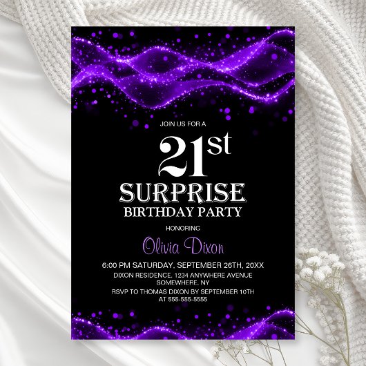 Black and Purple Surprise 21st Birthday Party Kaart