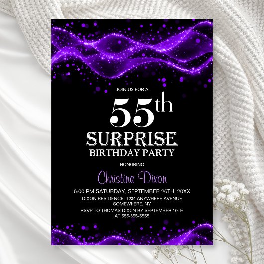 Black and Purple Surprise 55th Birthday Party Kaart