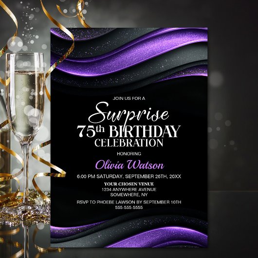 Black and Purple Surprise 75th Birthday Party Kaart