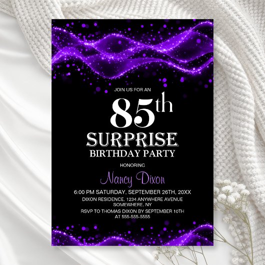 Black and Purple Surprise 85th Birthday Party Kaart