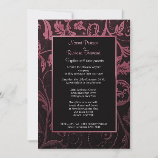 Black and Raspberry Damask Huwelijksuitnodiging Kaart (Voorkant)