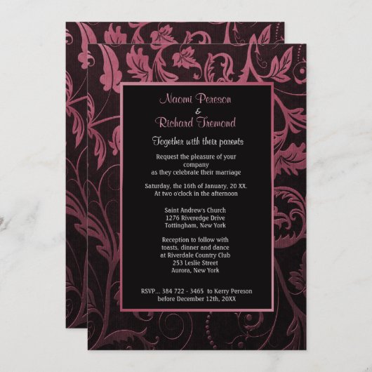Black and Raspberry Damask Huwelijksuitnodiging Kaart (Voorkant / Achterkant)
