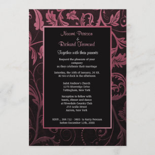 Black and Raspberry Damask Huwelijksuitnodiging Kaart