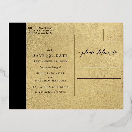 Black and Real Gold Foil Wedding Save the Date Folie Uitnodiging Briefkaart (Achterkant)