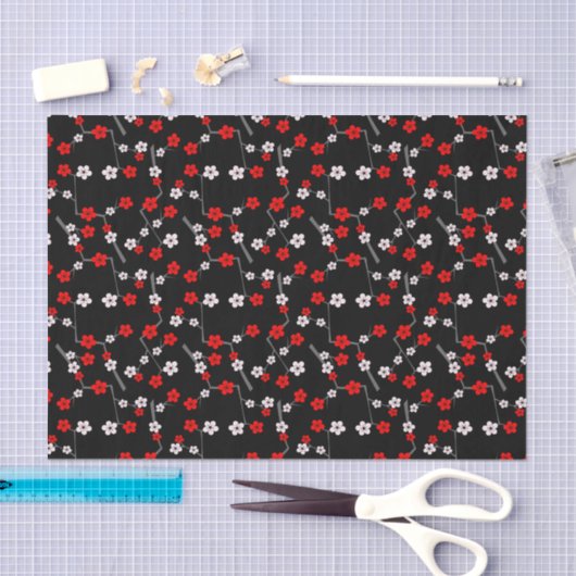 Black and Red Cherry Blossom Pattern Tissuepapier (Craft)