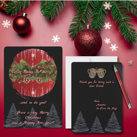 Black and Red "Coffee Makes Me Merry" Christmas Kaart
