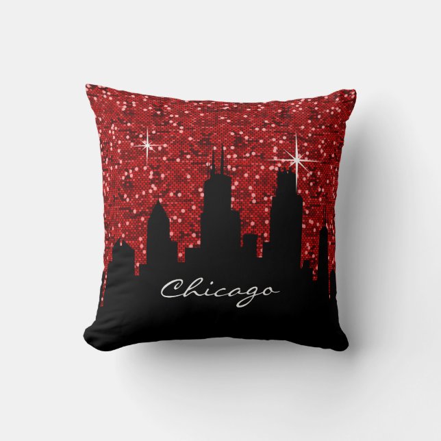 Black and Red Confetti Glitter Chicago Skyline Kussen (Voorkant)
