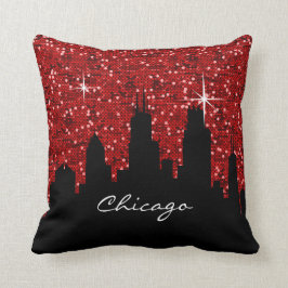 Black and Red Confetti Glitter Chicago Skyline Kussen