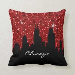 Black and Red Confetti Glitter Chicago Skyline Kussen