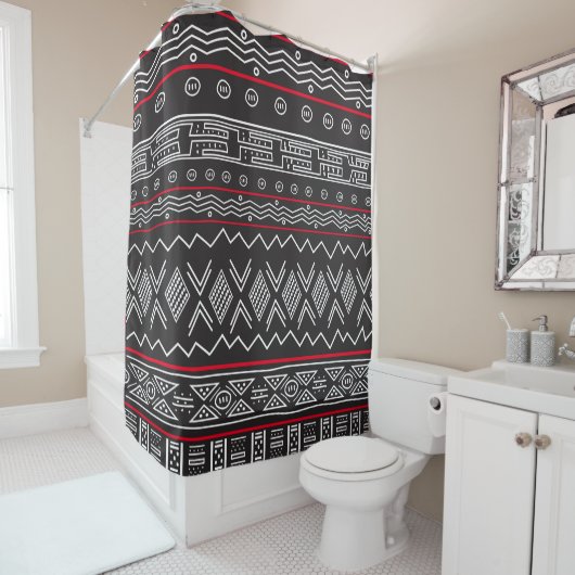 Black and Red Designer Mudcloth Shower Curtain Douchegordijn (In situ)