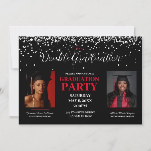 Black and Red Double Afstuderen Invitation Kaart (Voorkant)