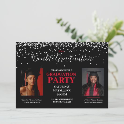 Black and Red Double Afstuderen Invitation Kaart (Staand voorkant)