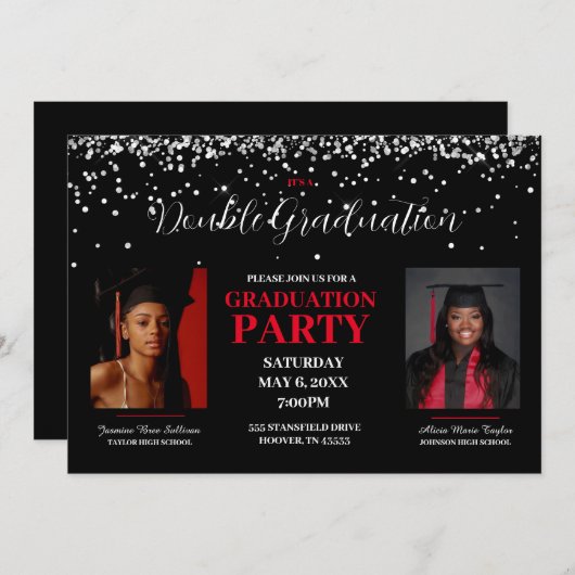 Black and Red Double Afstuderen Invitation Kaart (Voorkant / Achterkant)