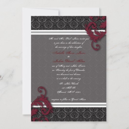 Black and Red Elegant Damask Invitation Kaart (Voorkant)