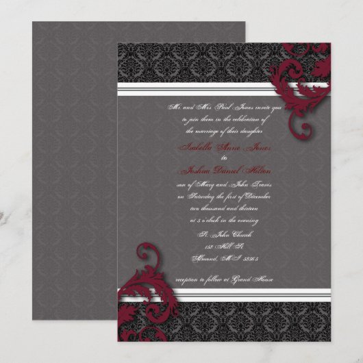 Black and Red Elegant Damask Invitation Kaart (Voorkant / Achterkant)